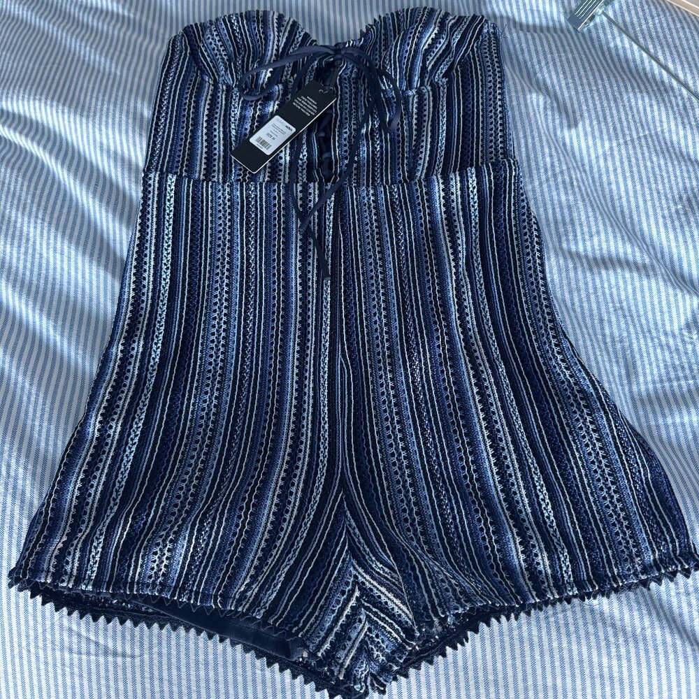 NWT Fashion Nova Crochet Strapless Romper Blue Combo Tie Front Boho Vacation